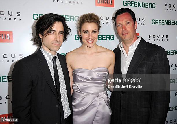 Writer/director Noah Baumbach, actress Greta Gerwig and Focus Features' Andrew Karpen arrive at the premiere of "Greenberg" presented by Focus...