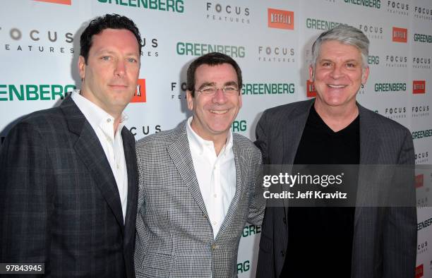 Focus Features' Andrew Karpen, Jack Foley and John Lyons arrive at the premiere of "Greenberg" presented by Focus Features at ArcLight Hollywood on...