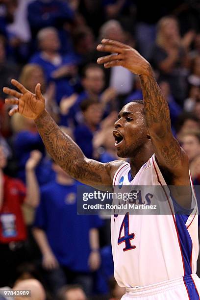 Sherron Collins of the Kansas Jayhawks reacts against the Lehigh Mountain Hawks during the first round of the 2010 NCAA men's basketball tournament...