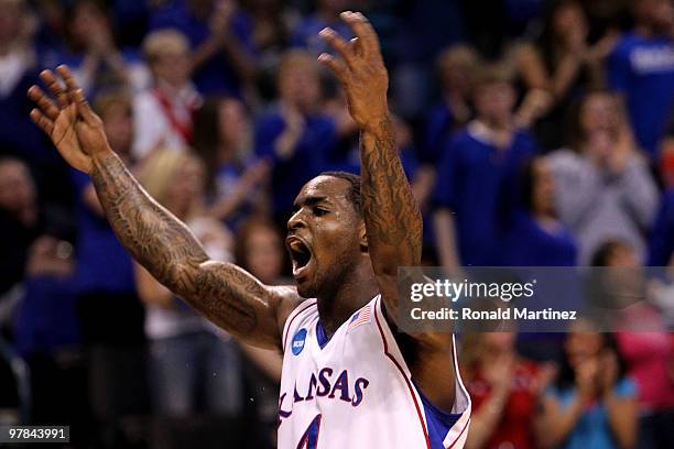 Sherron Collins of the Kansas Jayhawks reacts against the Lehigh Mountain Hawks during the first round of the 2010 NCAA men's basketball tournament...