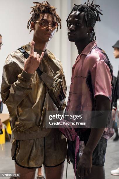 Models are seen backstage ahead of the Represent CLO show during Milan Men's Fashion Week Spring/Summer 2019.