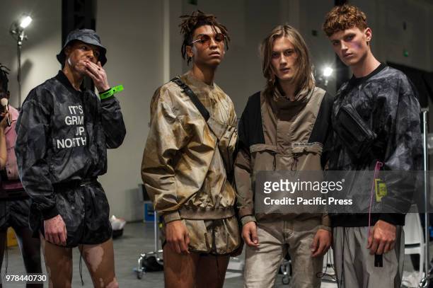 Models are seen backstage ahead of the Represent CLO show during Milan Men's Fashion Week Spring/Summer 2019.