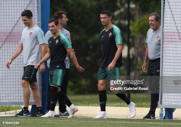 Cristiano Ronaldo of Portugal arrvies prior a training session at Saturn Training Baseon June 19, 2018 in Kratovo, Russia.