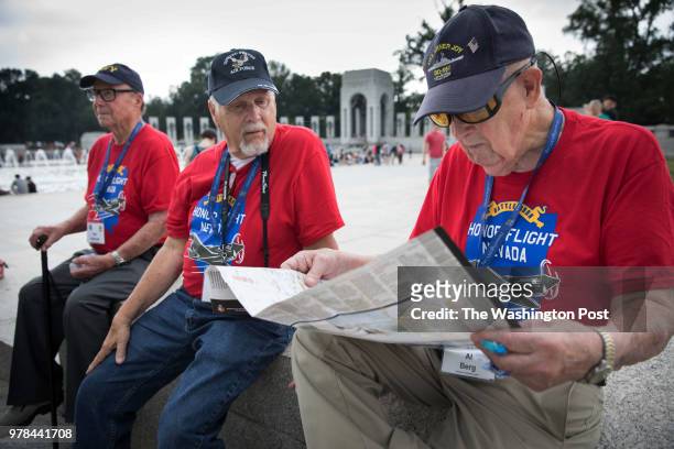 Washington, D.C. Navy veteran Al Berg, Air Force veteran Larry Devries and Navy veteran Neil Reitman, left to right, all of Nevada, visit the...