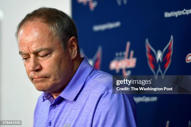 Washington Capitals General Manager Brian MacLellan looks glum as he announces the resignation of head coach Barry Trotz at Kettler Capitals Iceplex...