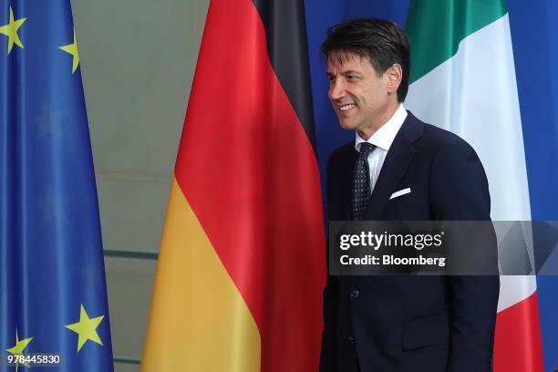 Giuseppe Conte, Italy's prime minister, departs a news conference with Angela Merkel, Germany's chancellor, at the Chancellery in Berlin, Germany, on...