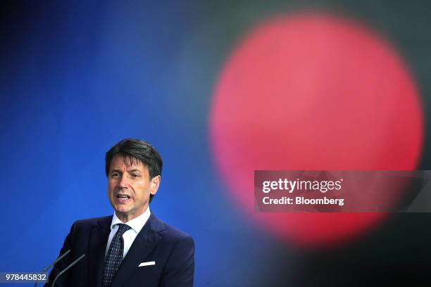 Giuseppe Conte, Italy's prime minister, speaks during a news conference with Angela Merkel, Germany's chancellor, at the Chancellery in Berlin,...