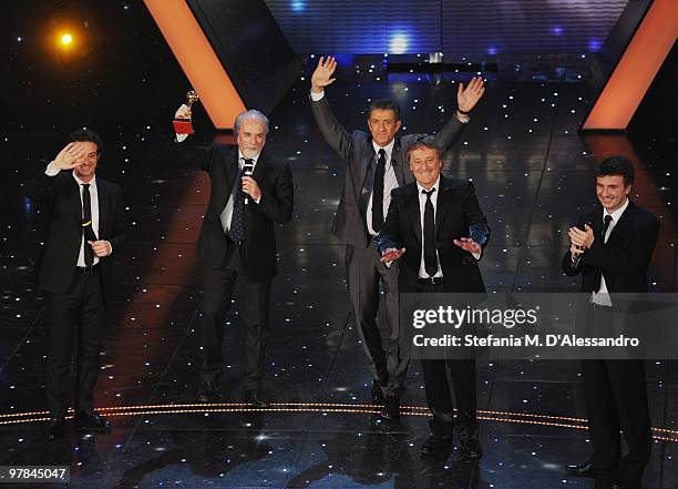 Valentino Picone, Antonio Ricci, Ezio Greggio, Enzo Iacchetti and Salvatore Ficarra attend the 'Premio TV 2010' Ceremony Award held at Teatro Ariston...