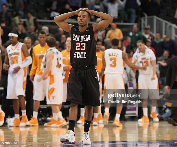 Gray of San Diego State reacts after a 62-59 loss to the AztecsTennessee Volunteers during the first round of the 2010 NCAA men's basketball...