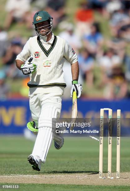 Ricky Ponting captain of Australia is run out during day one of the First Test match between New Zealand and Australia at Westpac Stadium on March...