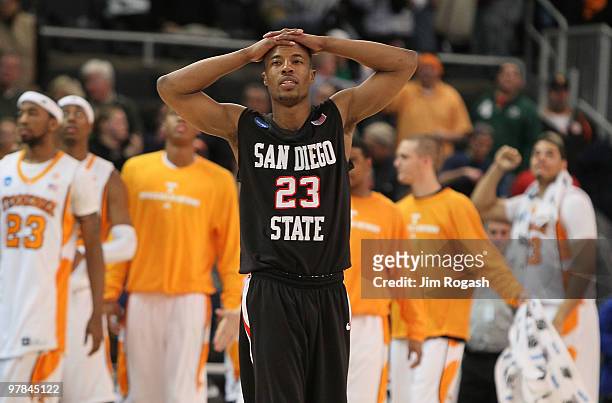 Gray of San Diego State reacts after a 62-59 loss to the AztecsTennessee Volunteers during the first round of the 2010 NCAA men's basketball...