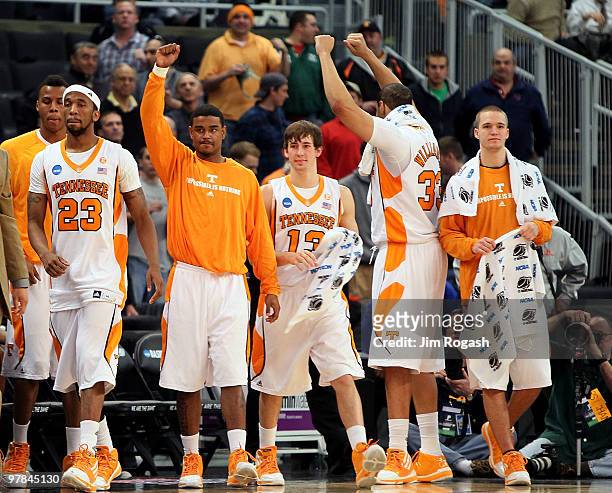 The bench of the Tennessee Volunteers reacts in the closing minutes in a 62-59 win over the San Diego State Aztecs during the first round of the 2010...