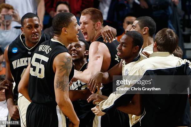 Members of the Wake Forest Demon Deacons celebrate after defeating the Texas Longhorns 81-80 in overtime during the first round of the 2010 NCAA...