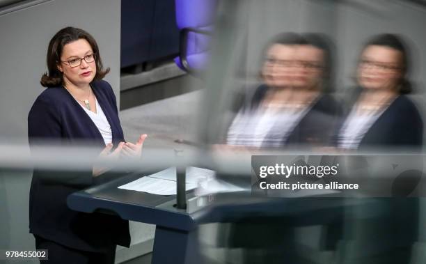 April 2018, Germany, Berlin: Andrea Nahles, SPD party and parliamentary group chairwoman, speaks during a meeting in the plenary hall of the...