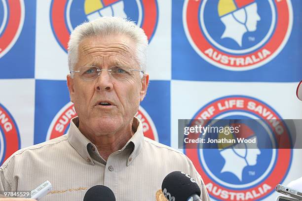 Of Surf Life Saving Australia Brett Williamson speaks with the media after an Under 19 Ironman competitor is declared missing but later found during...