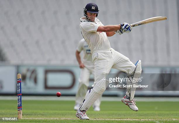 Nick Jewell of the Bushrangers cuts the ball during day three of the Sheffield Shield Final between the Victorian Bushrangers and the Queensland...
