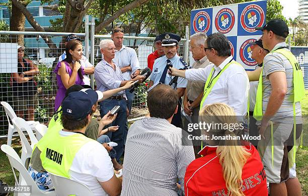 Of Surf Life Saving Australia Brett Williamson and Superintendent Jim Keogh speak with the media after all competition is suspended after an Under 19...