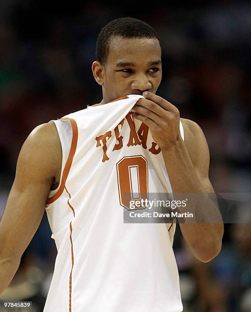 Avery Bradley of the Texas Longhorns reacts near the end of an 81-80 overtime loss to the Wake Forest Demon Deacons during the first round of the...