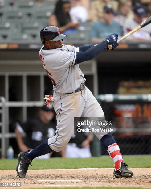 Rajai Davis of the Cleveland Indians bats against the Chicago White Sox on June 14, 2018 at Guaranteed Rate Field in Chicago, Illinois.