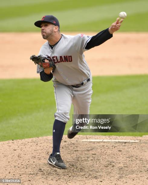 Oliver Perez of the Cleveland Indians pitches against the Chicago White Sox on June 14, 2018 at Guaranteed Rate Field in Chicago, Illinois.