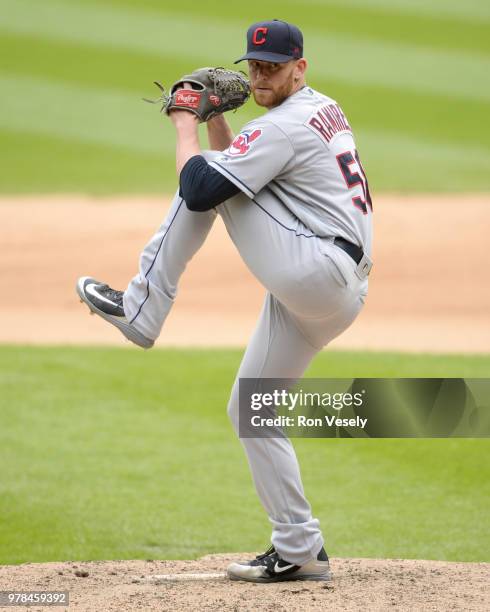 Neil Ramirez of the Cleveland Indians pitches against the Chicago White Sox on June 14, 2018 at Guaranteed Rate Field in Chicago, Illinois.