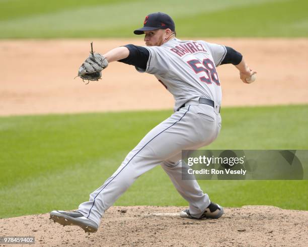 Neil Ramirez of the Cleveland Indians pitches against the Chicago White Sox on June 14, 2018 at Guaranteed Rate Field in Chicago, Illinois.