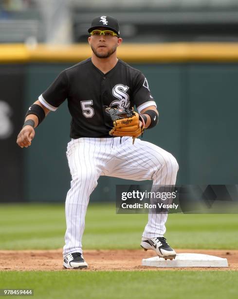 Yolmer Sanchez of the Chicago White Sox fields against the Cleveland Indians on June 14, 2018 at Guaranteed Rate Field in Chicago, Illinois.