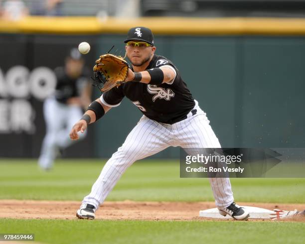 Yolmer Sanchez of the Chicago White Sox fields against the Cleveland Indians on June 14, 2018 at Guaranteed Rate Field in Chicago, Illinois.