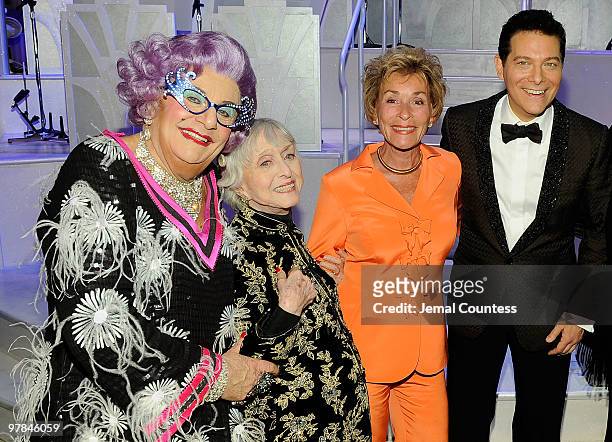 Dame Edna, Celeste Holm, Judge Judy Sheindlin and Michael Feinstein attend the curtain call on the opening night of "All About Me" on Broadway at...