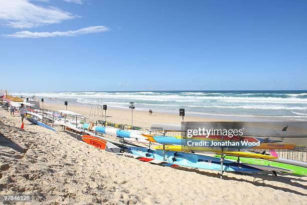 Kurrawa Beach is seen empty after all competition is suspended after an Under 19 Ironman competitor is declared missing but later found during the...