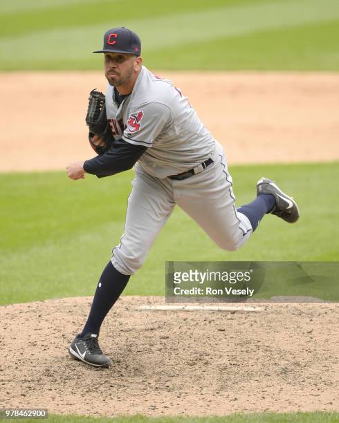 Oliver Perez of the Cleveland Indians pitches against the Chicago White Sox on June 14, 2018 at Guaranteed Rate Field in Chicago, Illinois.