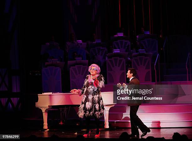 Actors Dame Edna and Michael Feinstein onstage during curtain call on the opening night of "All About Me" on Broadway at Henry Miller's Theatre on...