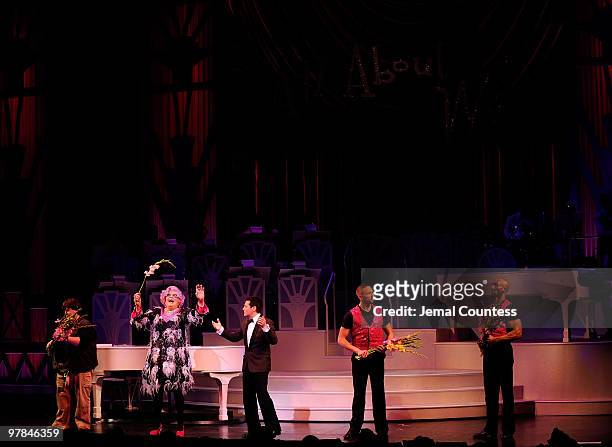 Actors Jodi Capeless, Dame Edna, Michael Feinstein, Gregory Butler and Jon-Paul Mateo onstage during curtain call on the opening night of "All About...