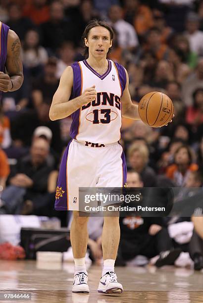 Steve Nash of the Phoenix Suns in action during the NBA game against the New Orleans Hornets at US Airways Center on March 14, 2010 in Phoenix,...