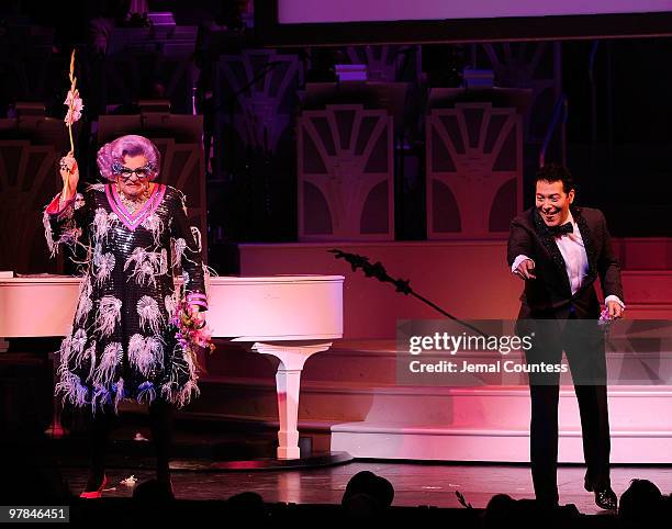 Actors Dame Edna and Michael Feinstein onstage during curtain call on the opening night of "All About Me" on Broadway at Henry Miller's Theatre on...