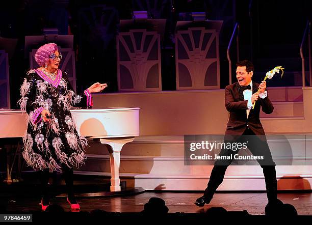 Actors Dame Edna and Michael Feinstein onstage during curtain call on the opening night of "All About Me" on Broadway at Henry Miller's Theatre on...