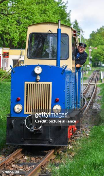 April 2016, Cottbus, Germany: Bennedict Fischer, train driver and station manager of the park railway Cottbus, controls the diesel locomotive 199-2,...