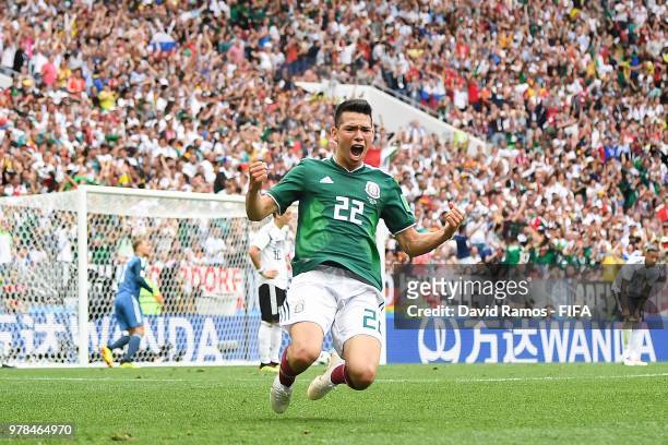 Hirving Lozano of Mexico celebrates after scoring his team's first goal during the 2018 FIFA World Cup Russia group F match between Germany and...