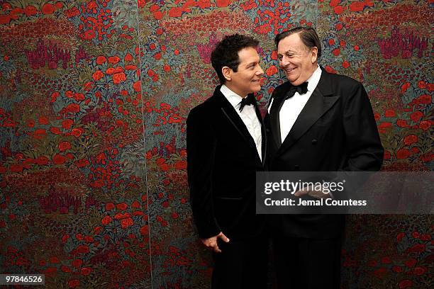 Actors Michael Feinstein and Barry Humphries attend the opening night party for "All About Me" on Broadway at Brasserie 8 1/2 on March 18, 2010 in...