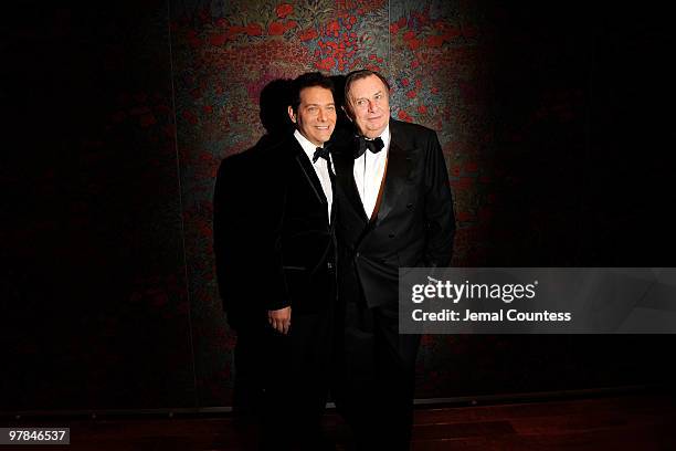 Actors Michael Feinstein and Barry Humphries attend the opening night party for "All About Me" on Broadway at Brasserie 8 1/2 on March 18, 2010 in...