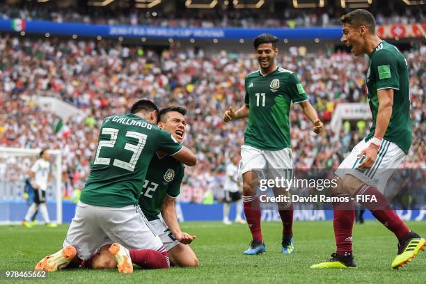 Hirving Lozano of Mexico celebrates with his team mates after scoring his team's first goal during the 2018 FIFA World Cup Russia group F match...