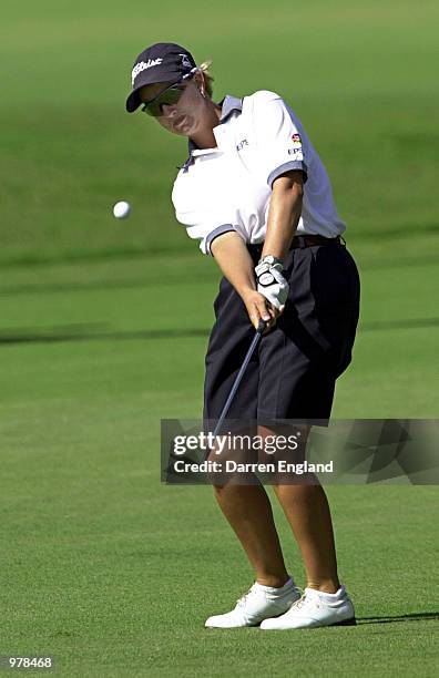 Karrie Webb of Australia chips onto the 15th green during the final round at the ANZ Australian Ladies Masters Golf at Royal Pines Resort on the Gold...