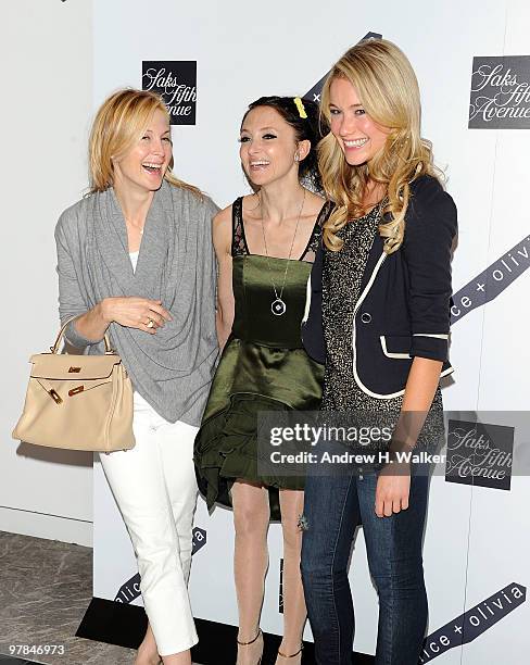 Kelly Rutherford, designer Stacey Bendet of alice + olivia and Katrina Bowden attend the alice + olivia launch party at Saks Fifth Avenue on March...