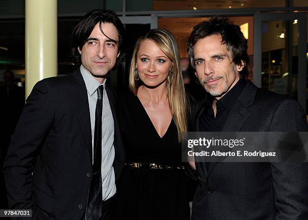 Director Noah Baumbach, actress Christine Taylor and actor Ben Stiller talk at the "Greenberg" Los Angeles Premiere at ArcLight Cinemas on March 18,...