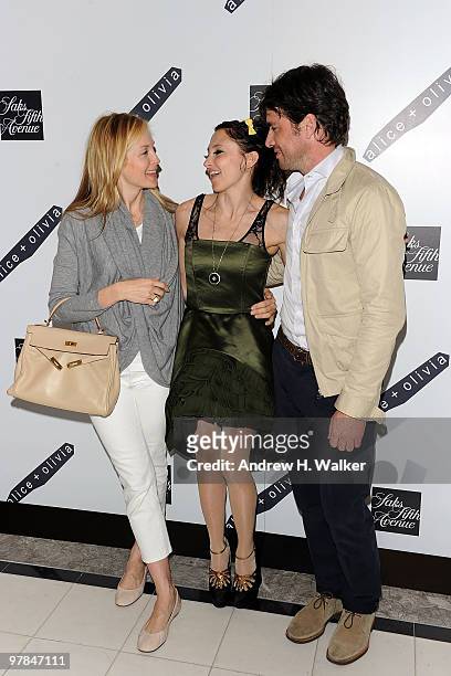 Kelly Rutherford, designer Stacey Bendet of alice + olivia and Matthew Settle attend the alice + olivia launch party at Saks Fifth Avenue on March...