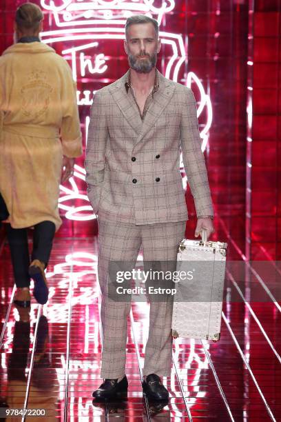 Model walks the runway at the Billionaire show during Milan Men's Fashion Week Spring/Summer 2019 on June 17, 2018 in Milan, Italy.