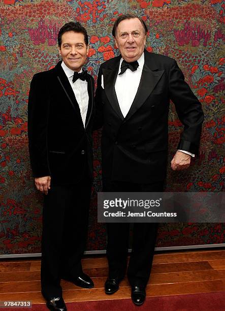 Actors Michael Feinstein and Barry Humphries attend the opening night party for "All About Me" on Broadway at Brasserie 8 1/2 on March 18, 2010 in...