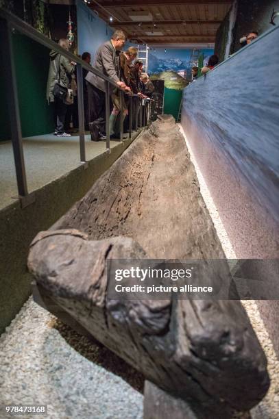 April 2018, Germany, Ettal: A 3,000-year-old dugout canoe, a type of raft, on display during a press tour at the Bayerische Landesausstellung 2018 ....