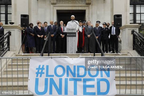 Mohammed Mahmoud, Imam at Finsbury Park Mosque speaks on the steps of Islington Town Hall on the anniversary of the Finsbury park attack in London on...