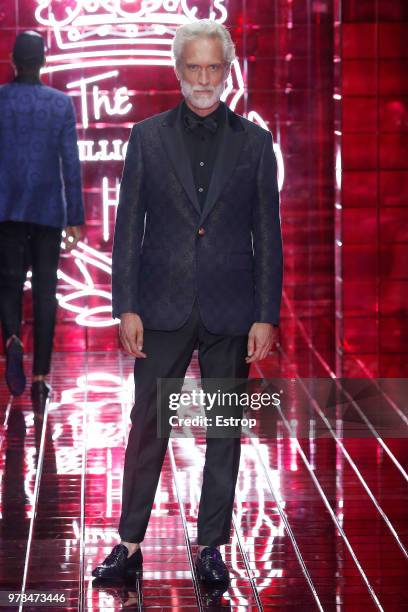 Model walks the runway at the Billionaire show during Milan Men's Fashion Week Spring/Summer 2019 on June 17, 2018 in Milan, Italy.